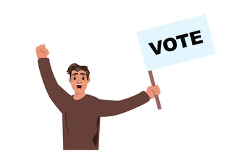 Enthusiastic man raising his fist, holding a shield that says Vote, representing support for democracy