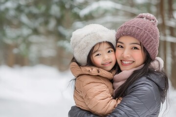 Fototapeta premium Asian mother and daughter warmly dressed in winter during snowfall embrace with smiles.