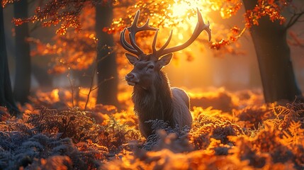 Majestic deer with large antlers standing in a forest during a golden sunset.