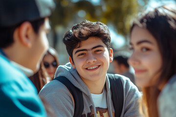 group of hispanic cute teenagers talking smiling happy friends boys girls in a park sunlight outdoors bright complicity bond friendship enjoying cheerful upbeat youth joy joyful students