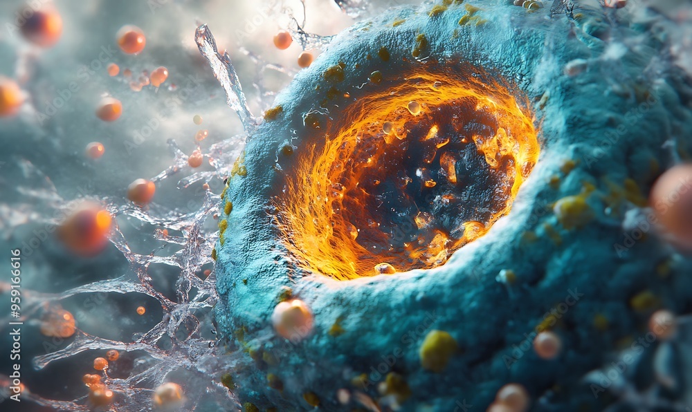 Poster abstract cell structure with glowing orange core and water splashes