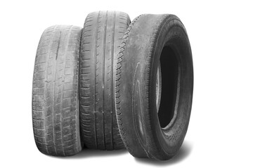 old worn damaged tires isolated on white background