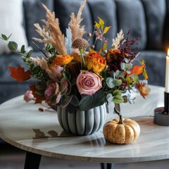 autumn bouquet with pumpkin and candle.