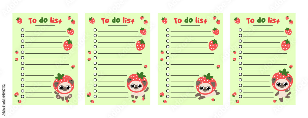 Poster to do list template set. cute empty, blank to-do list with siamese cat and strawberry illustrations.