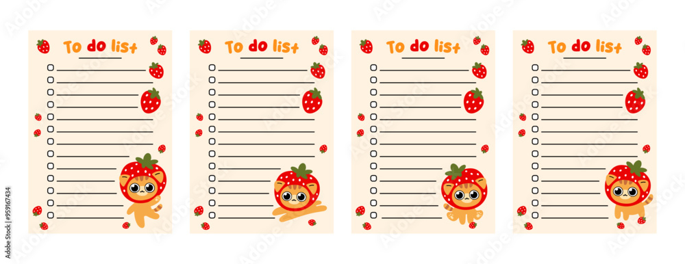 Poster to do list template set. cute empty, blank to-do list with orange cat and strawberry illustrations.