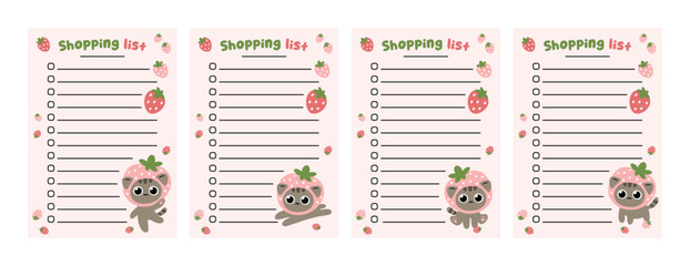 Shopping list template set. Cute pink grocery list with cat and strawberry illustrations.