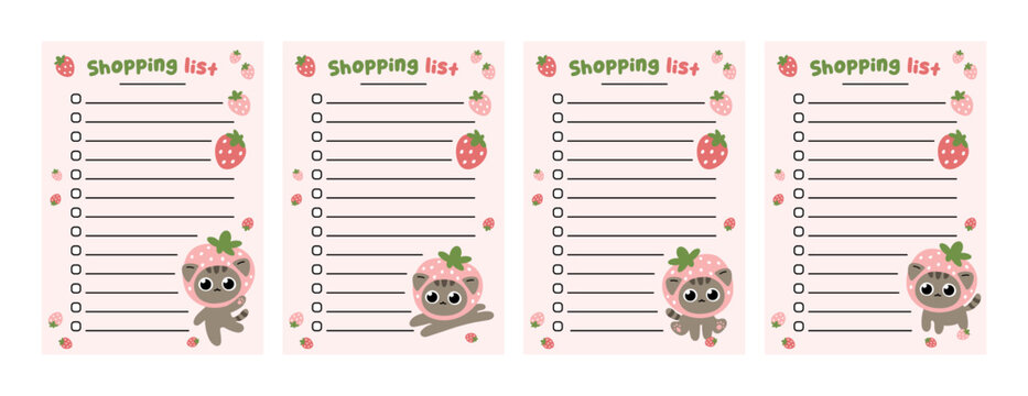 Shopping list template set. Cute pink grocery list with cat and strawberry illustrations.