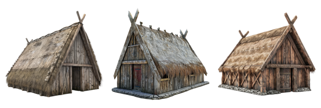 Viking longhouse isolated on transparent background, set of