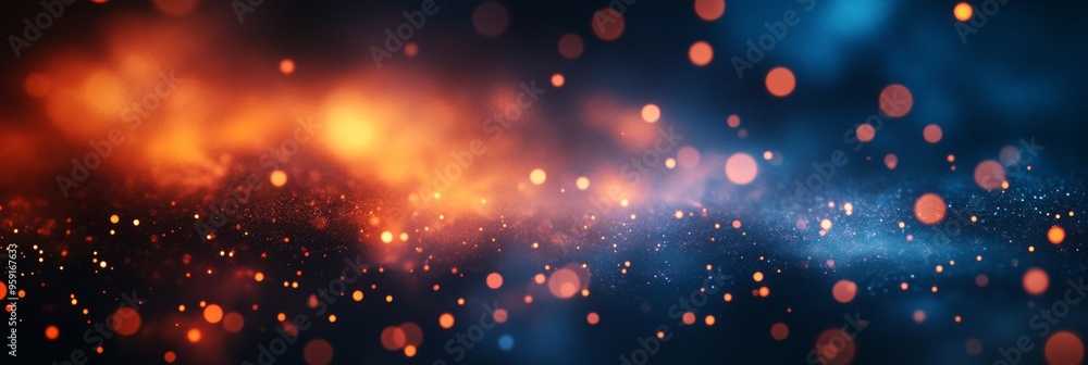 Poster an abstract design with a blurred gradient blending enchanting blue and orange hues, sprinkled with 