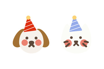 Animal dog and cat wearing birthday hat set. Holiday celebration, party, pet, care, anniversary concepts. Flat decorative cartoon character vector design isolated illustration.