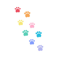 Colorful animal paw footprint shape pattern. Rainbow footstep silhouette. Flat decorative vector design isolated illustration.