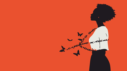 Breaking Free from Chains. Woman breaking free from chains turning into butterflies. Freedom, liberation, and empowerment.