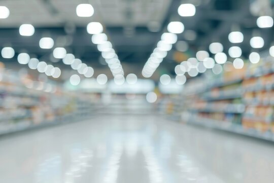 Blurred supermarket interior with bokeh effect, creating a calm shopping vibe.