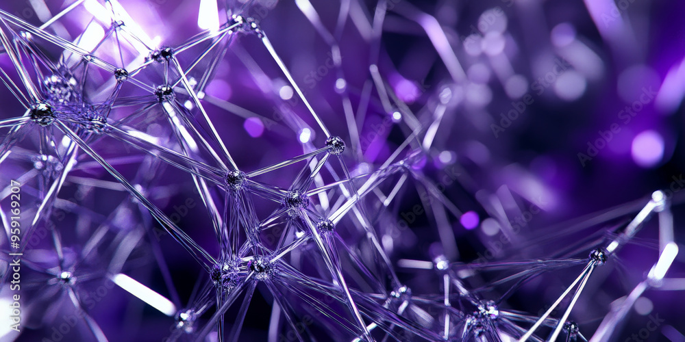 Poster a 3d abstract background featuring a network of interconnected lines and nodes in shades of purple a