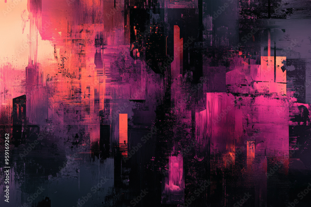 Poster a modern abstract design featuring fragmented shapes and digital glitch effects. the color palette i