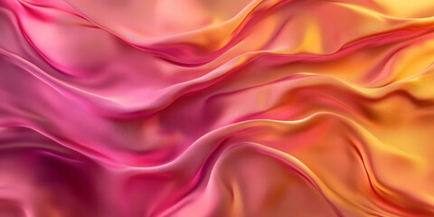 Fototapeta premium A modern abstract background with 3D wave gradients of silk fabric in vibrant pink and gold. The flowing fabric adds a dynamic, energetic quality to the scene.