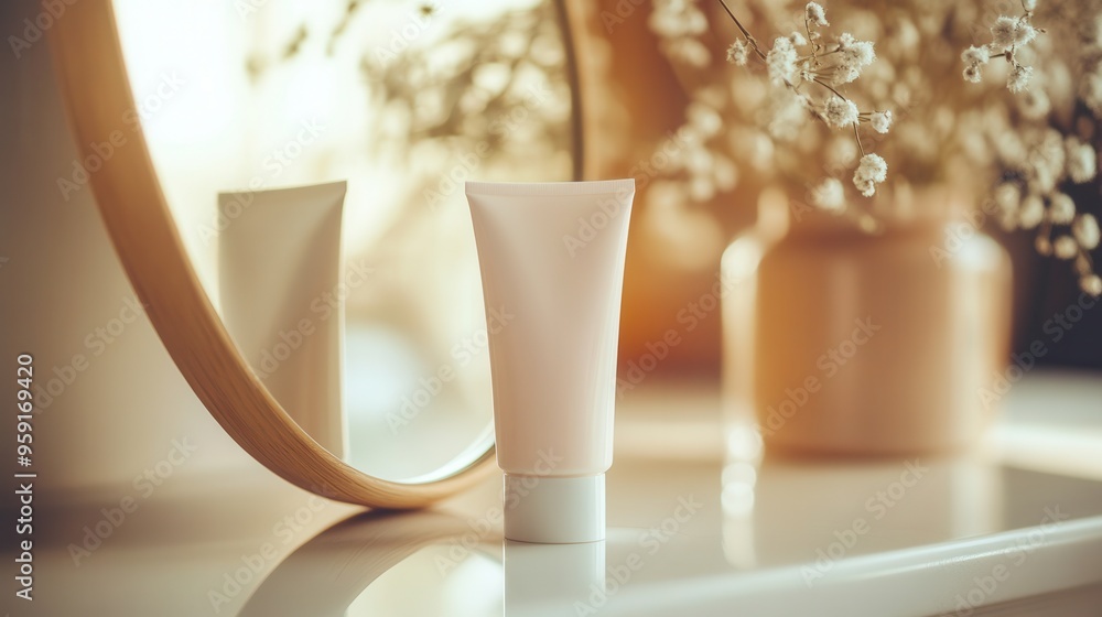 Poster a tube of cream sits on a sleek surface, its reflection visible in a round mirror, with a serene amb
