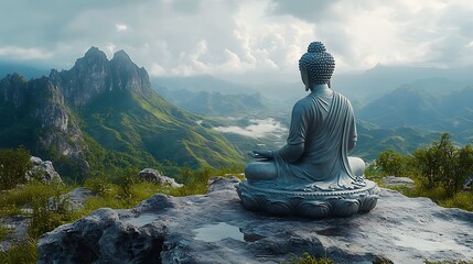 Buddha statue overlooking a scenic mountain range, with clouds and fog in the background.