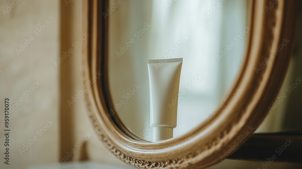 Poster a tube of cream is seen reflected in a mirror, showcasing its sleek design and positioned thoughtful