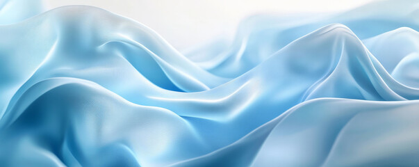 Obraz premium A modern, abstract background featuring 3D silk fabric with a gradient from icy blue to soft white. The fabric appears light and ethereal, with smooth, flowing waves.