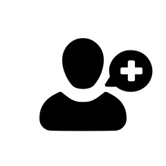 Patient icon. Customer icon with add, additional sign. Patient icon and new, plus, positive symbol. Patient, icon, new, customer, support, safety, retention, extra, join, more, plus