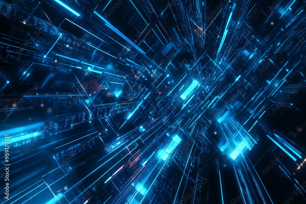 Poster a cutting-edge abstract background with digital code patterns and glowing blue accents. the design i