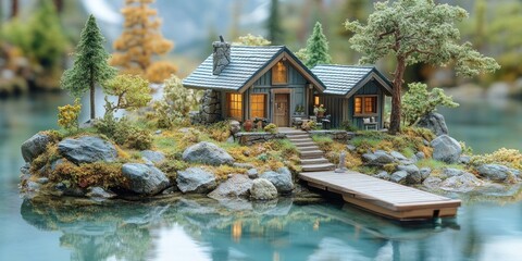 Miniature Cabin on a Tranquil Island with a Wooden Dock