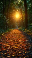 Obraz premium Sunbeams illuminate a path through a forest, with fallen leaves scattered on the ground.
