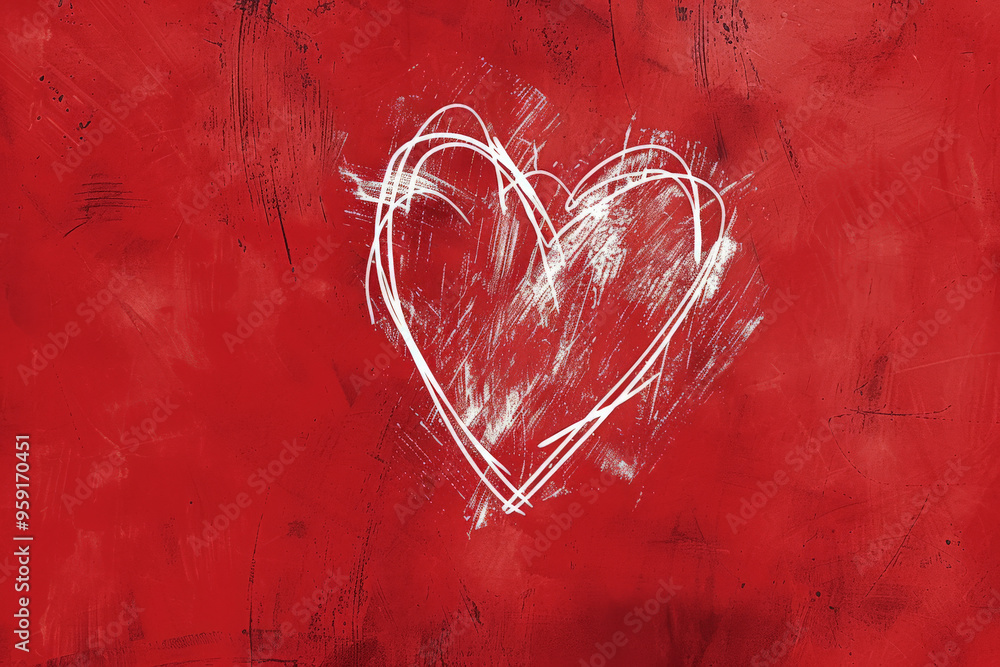 Poster a simple white line drawing on a crimson background of a heart with sharp lines outlining its shape.