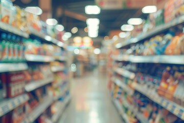 Soft focus supermarket background with bokeh, highlighting a serene retail environment.