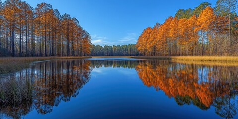 Naklejka premium Autumn Trees Reflected in a Still Lake