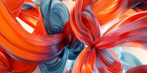 An energetic 3D scene with twisting ribbons in vibrant shades of red, orange, and blue. The ribbons flow dynamically, adding a sense of excitement and movement.
