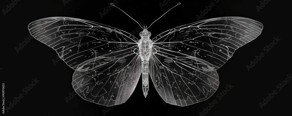 Poster a simple white line drawing on a black background of a butterfly with wings spread wide. the contras