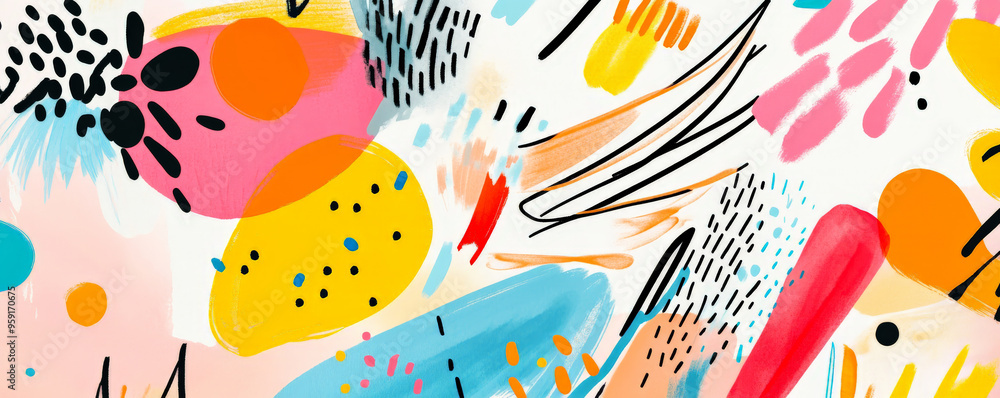 Poster abstract backdrop with a playful mix of bright, overlapping shapes and lines in various colors. the 