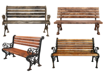 Wooden park bench isolated on transparent background, set of