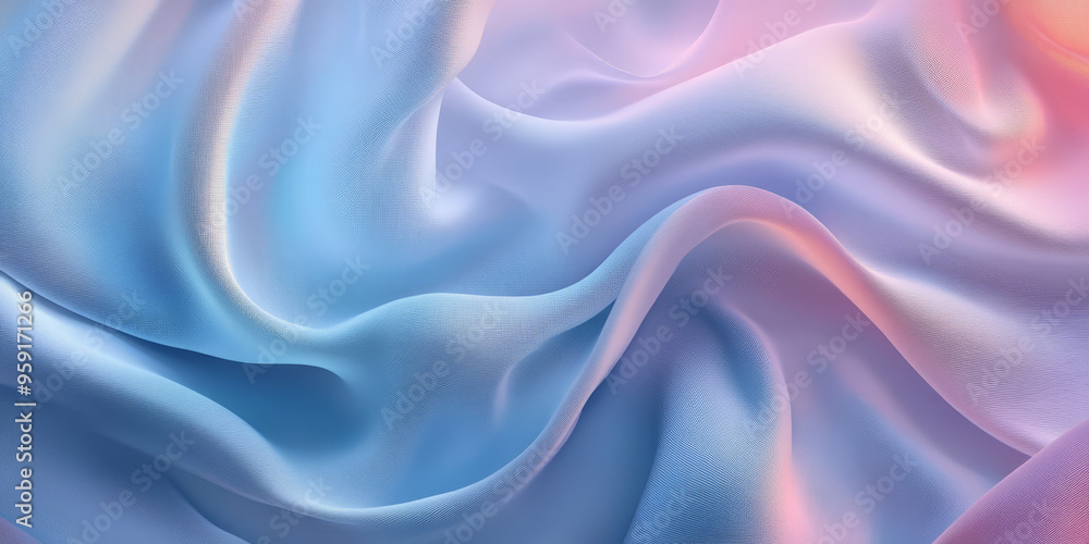 Poster a serene abstract background featuring flowing 3d silk fabric with a gradient from soft grey to icy 