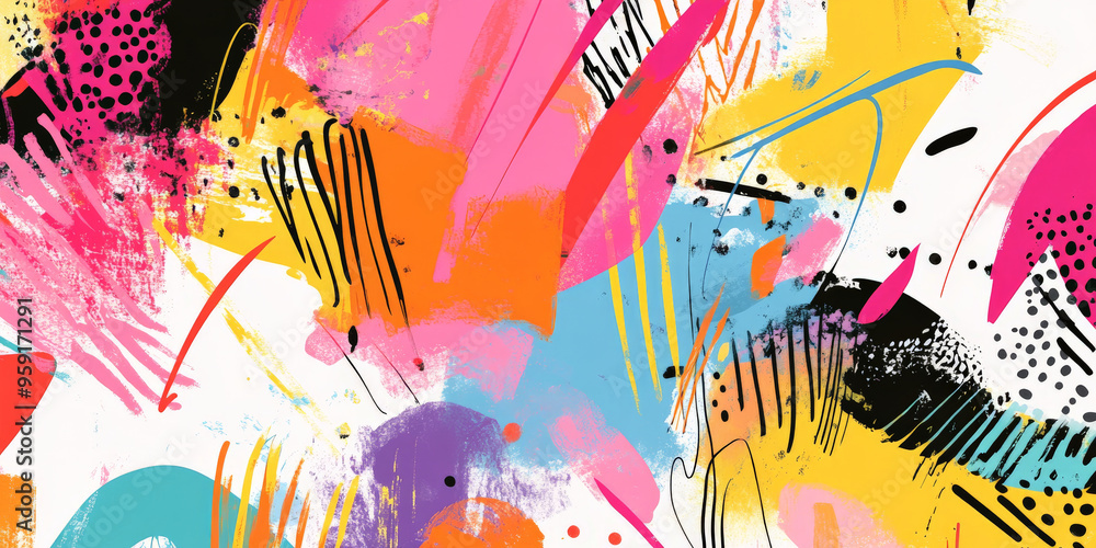 Poster modern abstract backdrop featuring a chaotic mix of scribbles, lines, and shapes in a range of vibra