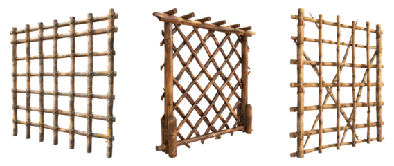 Wooden trellis isolated on transparent background, set of