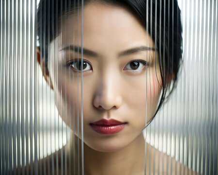 Digital woman face for AI technology concept. Glitched and corrupted female face. Beautiful girl. Model hidden behind mirror pattern. Clear Reeded Glass. Ribbed Background.
