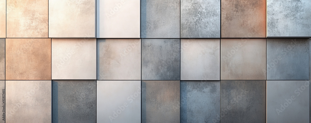 Poster a minimalist wall background with a grid of light color blocks in varying muted tones. the design cr