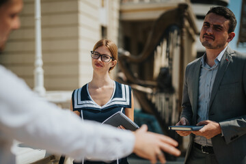 Business professionals engaged in an outdoor discussion, showcasing teamwork and collaboration with notebooks and tablets in hand, highlighting modern workspace dynamics.