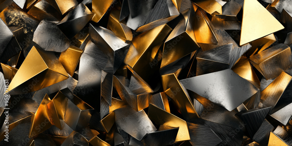 Wall mural Modern abstract backdrop featuring a mix of angular, jagged shapes in metallic gold and silver against a deep black background. The design is sharp and edgy, with a luxurious, high-contrast aesthetic