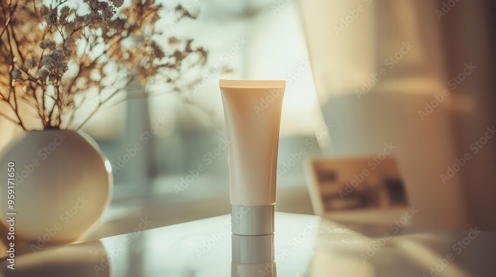 Poster a tube of cream stands on a tabletop reflecting in a mirror, surrounded by soft natural light and a 