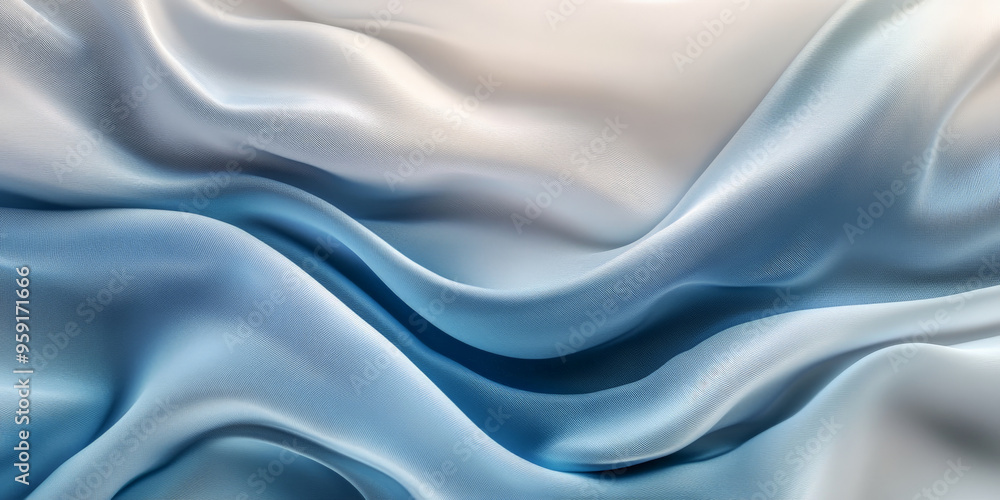 Poster a serene abstract background featuring flowing 3d silk fabric with a gradient from soft grey to icy 