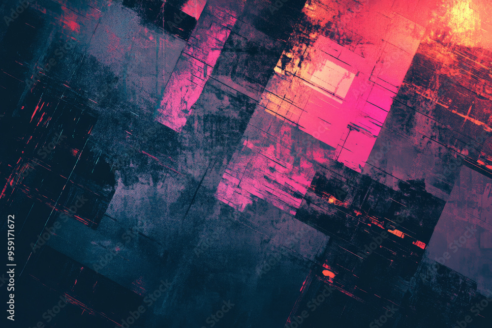 Poster a modern abstract design featuring fragmented shapes and digital glitch effects. the color palette i