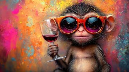   A monkey in sunglasses holds a wine glass in its hand