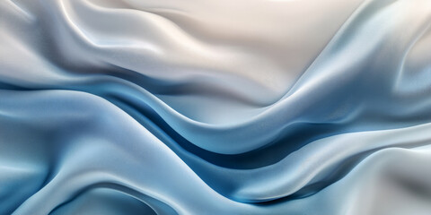 Obraz premium A serene abstract background featuring flowing 3D silk fabric with a gradient from soft grey to icy blue. The fabric waves create a calming, tranquil effect.