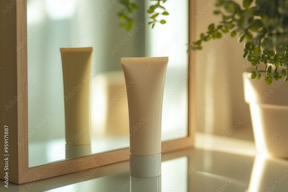 Poster A tube of cream sits on a countertop, illuminated by soft light, while its reflection appears in the mirror alongside a plant. Generative AI