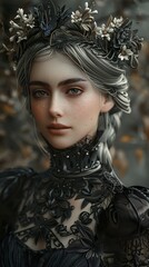A woman with silver hair and blue eyes wears a black lace dress and a crown of flowers.