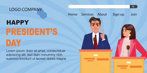 Two candidates, man and woman in suits, speaking on President's Day landing page, public event concept